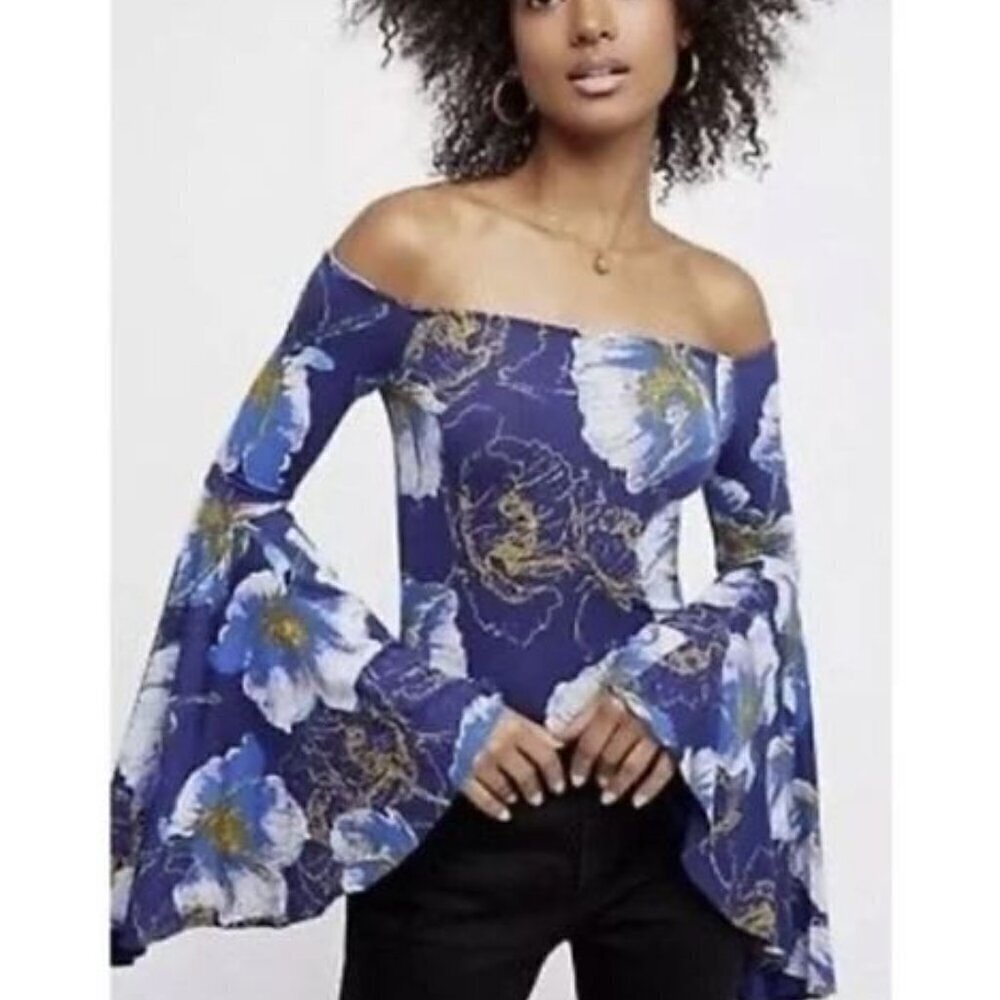 Free People Birds Of Paradise Floral Flare Bell Sleeve Top Blue Size M New